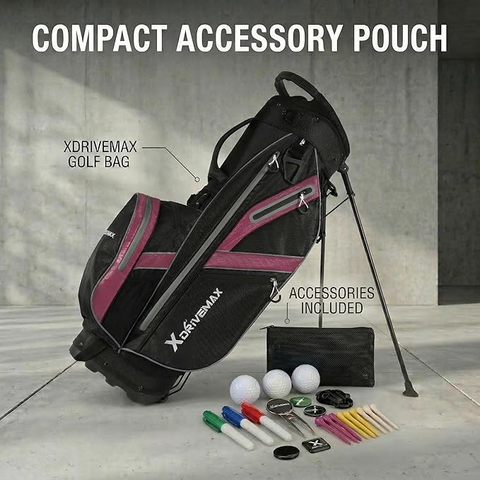 XDriveMax Golf Stand Bag with Accessory Pack, Lightweight 8-Way Top Dividers Golf Bag with Stand, Includes Insulated Cooler Pocket, Dual Strap & Rain Cover