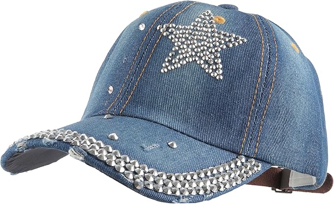 Hoce Fashion Rhinestone Denim Baseball Cap Studded Bling Hat for Women