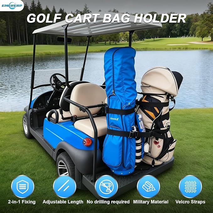 Universal Golf Cart Bag Holder Bracket Attachment for 2+2 Golf Cart Rear Seat with 1 Inch Square Tube, No Drilling Adjustable Golf Back Seat Bag Rack for EZGO Club Car Yamaha
