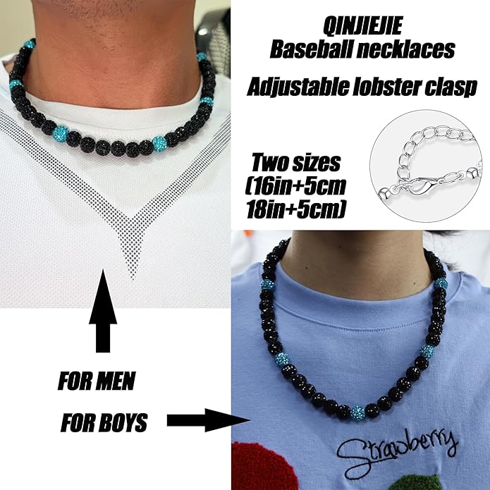 QINJIEJIE Baseball Necklace for Men Glitter Bling Rhinestone Beaded Collection Necklace for Women 16/18in Inspired Sports Jewelry Baseball Chain Cool Gifts for Baseball Players Team Lovers