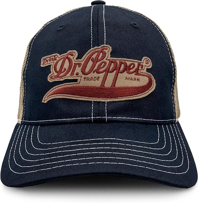 Tee Luv Vintage Drink Dr Pepper Hat - Mesh Back Dr Pepper Soda Baseball Cap (Navy and Beige)