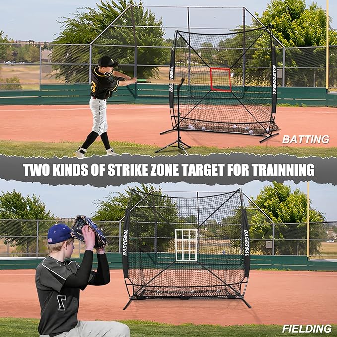 BaseGoal 6'×6' Baseball Softball Practice Net,Baseball Backstop,with Batting Tee,Ball Caddy,for Hitting Pitching Batting Catching with Bow Frame,Bonus Strike Zone,Target,Portable and Foldable