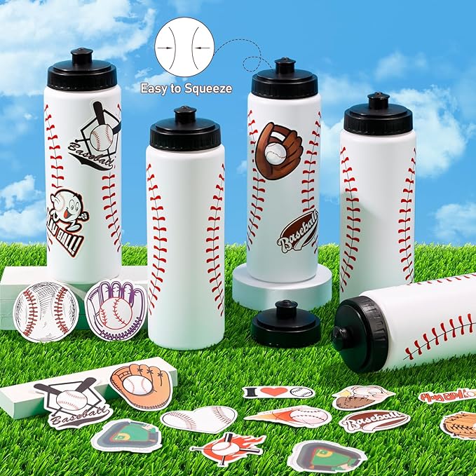 DI QIU REN 12 PCS Baseball Water Bottle Bulk with 300 PCS Stickers, 20 OZ Plastic Reusable Baseball Water Bottles for Boys, Squeeze Water Bottles Sports for Team, Sports Bottles Squeeze for Gym
