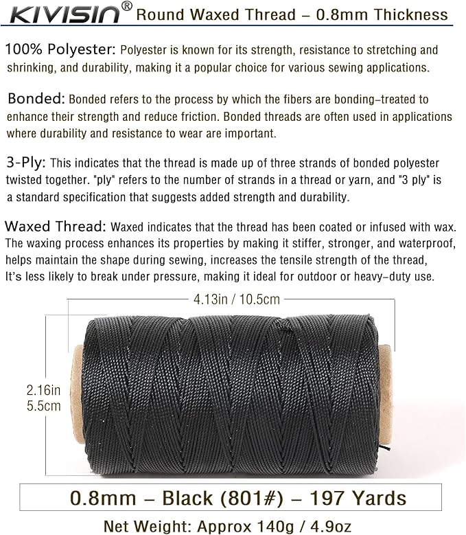 Bonded 0.8mm Round Waxed Polyester Cord, 3-ply Wax Coated Thread, 197 Yards - Image 2