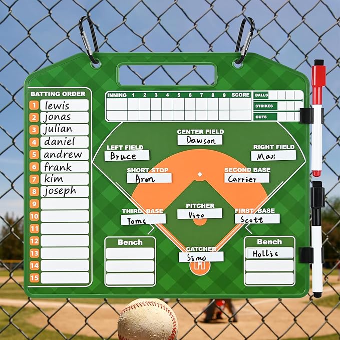 Magnetic Baseball Lineup Board for Dugout with Reinforced Edges - Double-Sided Dry Erase Coaching Clipboard, 30 Lineup Card/ 24 Pawns/2 Marker/2 Hook