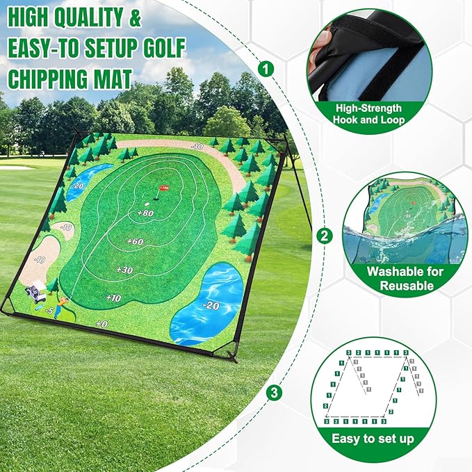 Golf Chipping Game Set, Large Double-Sided Golf Practice Mat, Portable Sticky Golf Game with 2 Clubs, 20 Sticky Balls for Indoor&Outdoor Yard, Family Fun (6FTx6FT