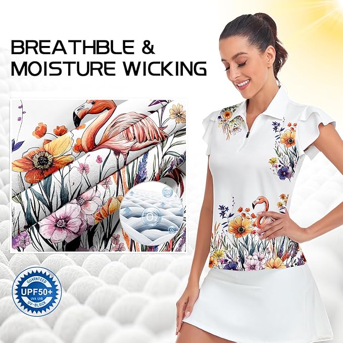 Soneven Womens Petal Sleeve Golf Shirts Moisture Wicking Lady Golf Apparel Print Tennis Sport T Shirt