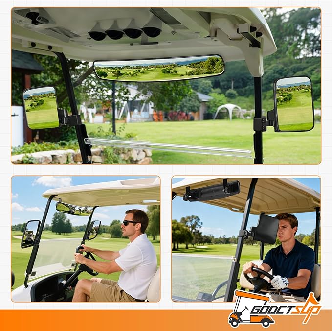 Golf Cart Mirrors, Universal Panoramic Golf Cart Rear View Mirror & No Drilling Golf Carts Side Mirrors Kit for Club Car EZGO YAMAHA and Others Carts, Durable Anti-Shudder, Safety Upgrade