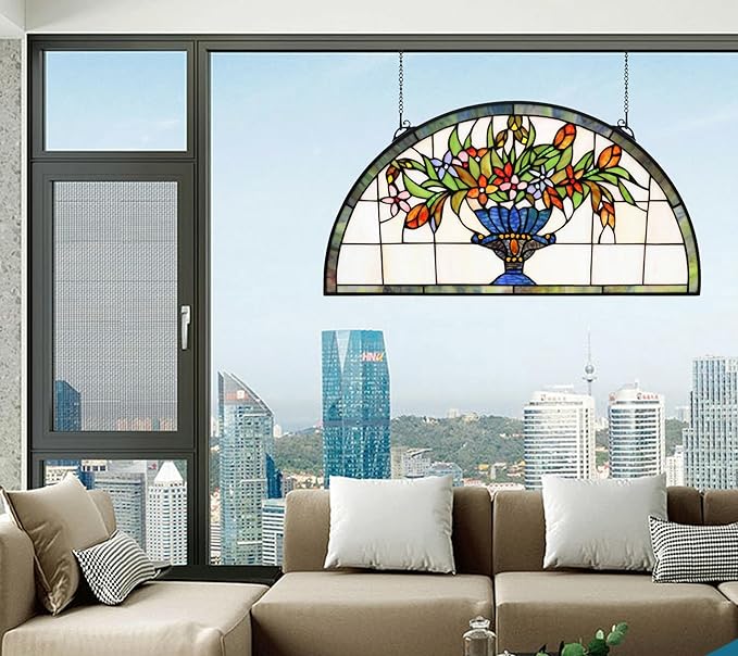 24 inch Flower Stained Glass Window Hanging Half Moon Shade, 100% Real Stained - Image 6