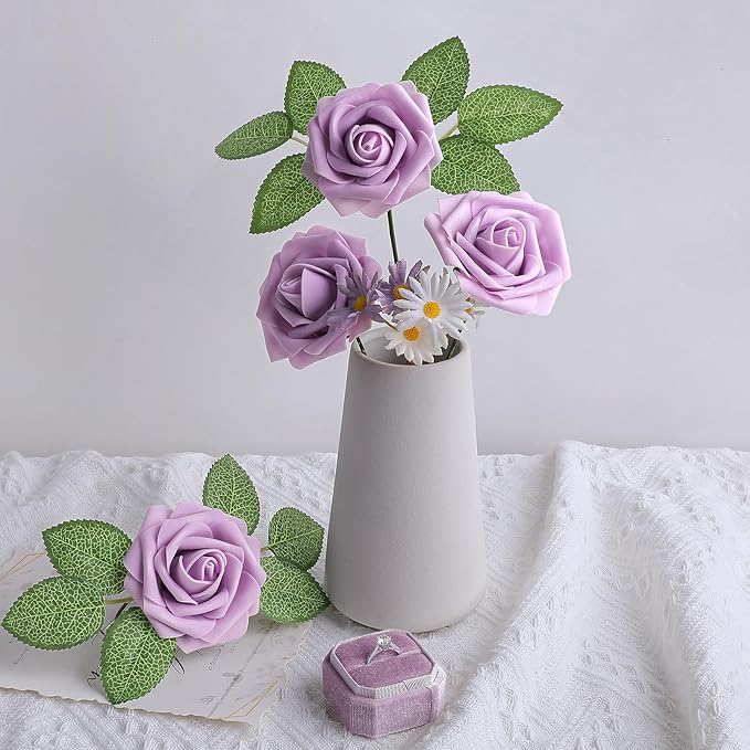 AmyHomie 25pcs Real Looking Artificial Lavender Roses w/Stem - Image 5