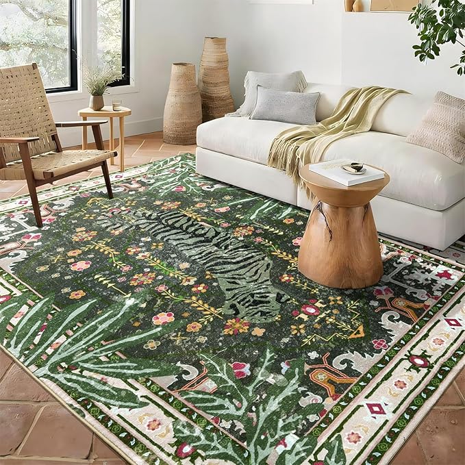 Oriental Tropical Washable Rugs, Abstract Botanical Animal Tribal Accent Carpet - Image 2