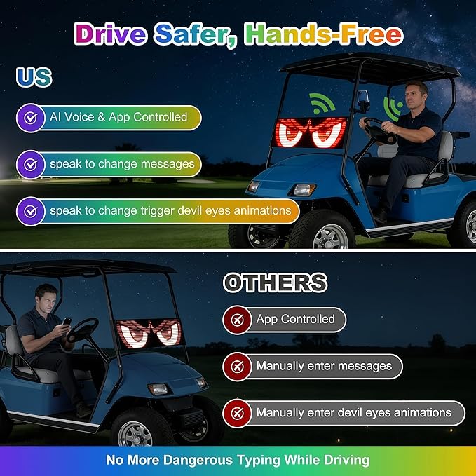 AI Voice Controlled Golf Cart Devil Eyes Light Sign& Led Eyes for Car Windshield - 23x5in Programmable Flexible LED Screen with App Control Animated Scrolling Electra Eyes for Truck UTV Decor