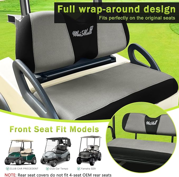Golf Cart Seat Covers Front and Rear Set Fit for Club Car Precedent Club Car Tempo Yamaha G29 Front Seat Cushion and Aftermarket Universal Back Seat Cushion Covers Black&Grey
