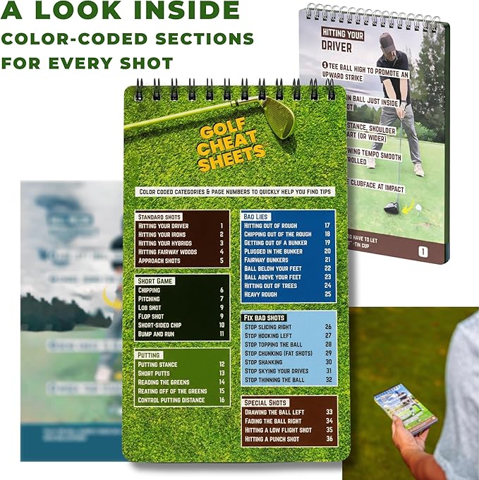 Golf Cheat Sheets - Waterproof Pocket Guide with 175+ Tips for Every Shot - Golf Training Aid Reference Cards for Beginners and Mid-Handicappers - Tear-Resistant Golf Tips Book for the Course