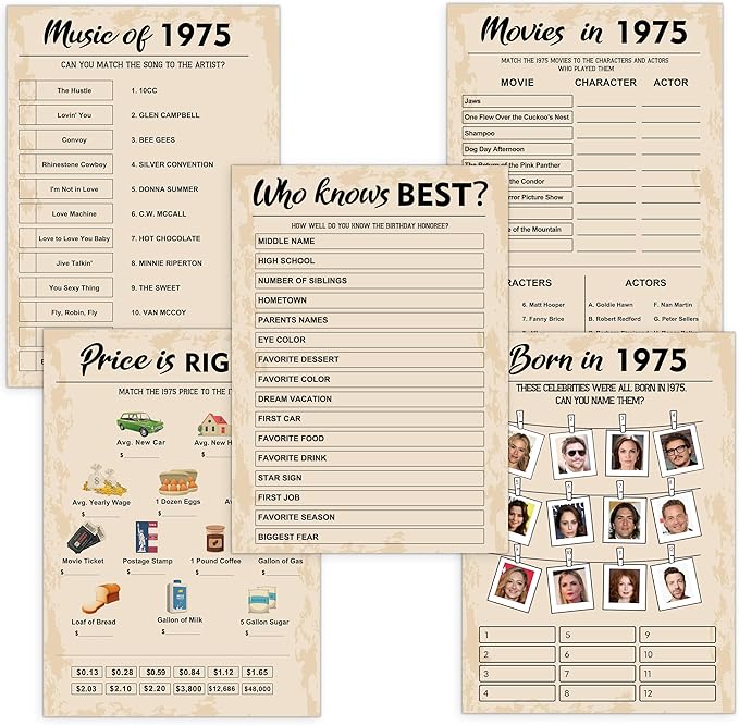 50th Birthday Party Games, Born in 1975 Games Bundle, Birthday Party Supplies by QUPT