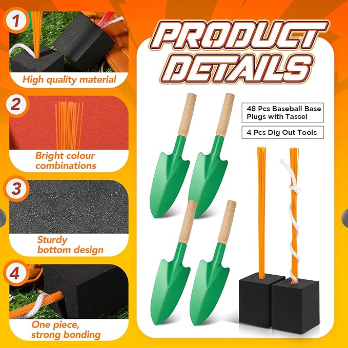 Shappy 48 Pcs Base Plugs Baseball Base Anchors with Tassel Heavy Duty Rubber Plug Dig Tools for Baseball Field Softball Drill
