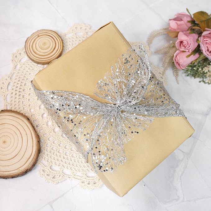 CT CRAFT LLC Sparkling Glitter Mesh Wired Ribbon 6" x 10 Yards Silver - Image 5