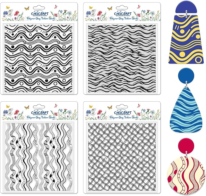 CHGCRAFT 4 Pcs Artistic Wavy Polymer Clay Texture Sheets Wavy Lines Silicone by chgcraft