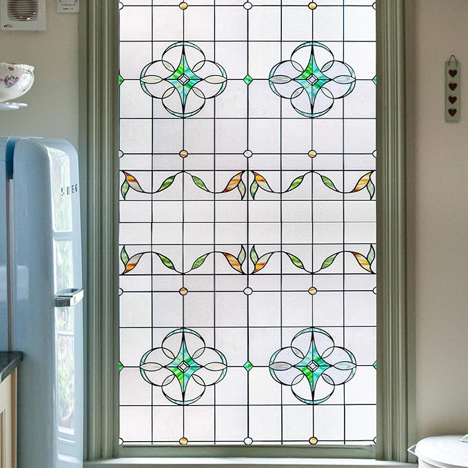 3D Stained Glass Window Privacy Film, Heat Control UV Blocking Static Cling by OHTMERU