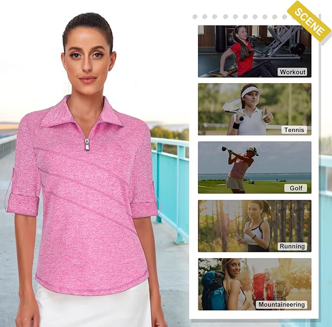 Koscacy Women's 3/4 Roll Sleeve Golf Tennis Polo Shirts UPF50+ Half Zip Dry Fit Workout Tops Athletic Shirt