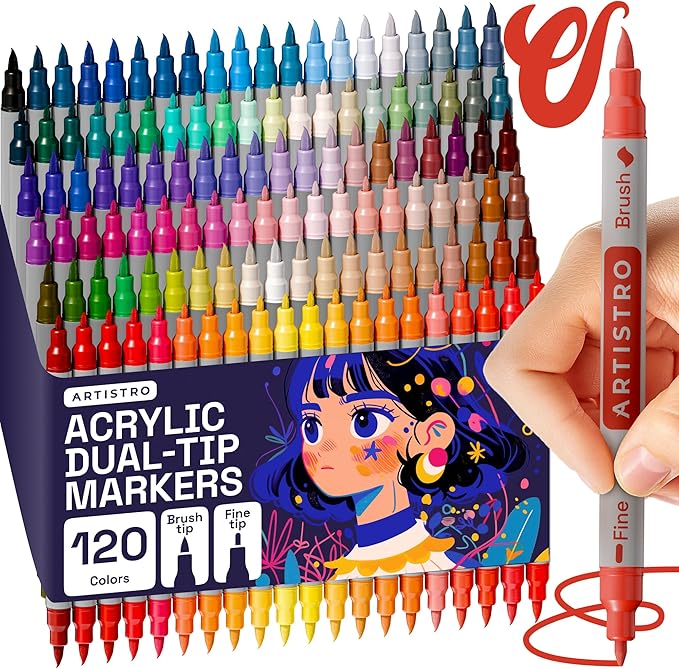 ARTISTRO 120 Dual Tip Brush + Fine Acrylic Paint Markers by ARTISTRO