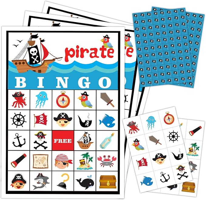 Pirate Ship Adventures Bingo Game Cards, Pirate Party Bingo Card by mermermu