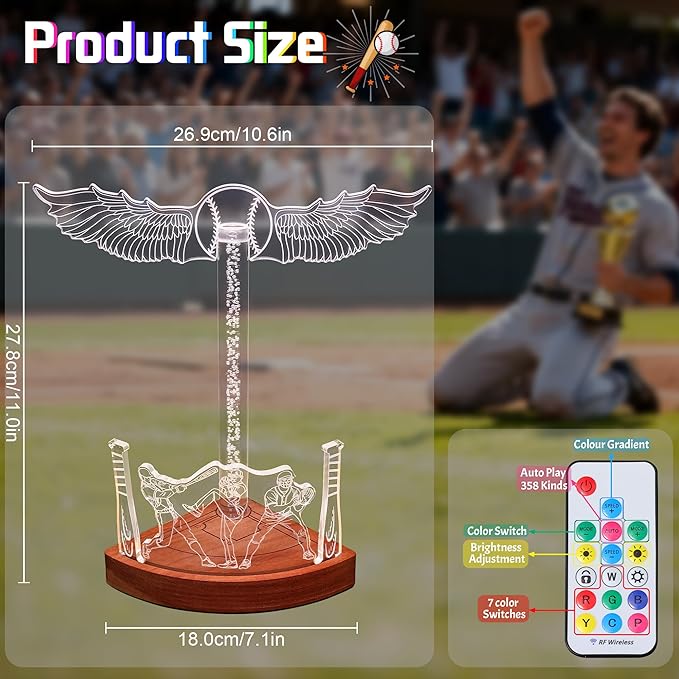 CoolGift Mart Light Up Baseball Ring Holder with Necklace Stand, Acrylic Display with Multiple Color Modes and Brightness Adjustment Function with Remote Control, Gifts for Baseball Enthusiasts