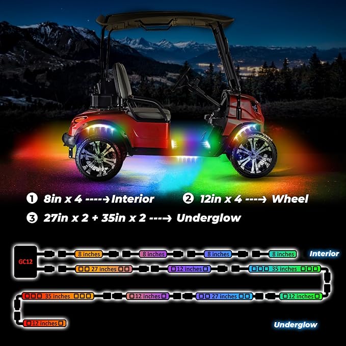 12PCS 12V-72V Golf Cart Lights, RGB Led Underglow Light Kit with 2 Remotes and App Control, Voltage Reducer, Waterproof, Sound Active, Battery Drain Protect Kill Switch Golf Cart Led Lights