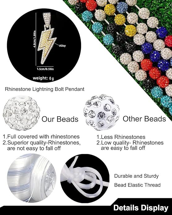 Baseball Necklace for Men 16/18/20 Inch Bling Ice Collection Lightning Bolt Pendant Necklace for Women Rhinestone Clay Beaded Discoball Accessories Gifts for Baseball Team Players Lovers