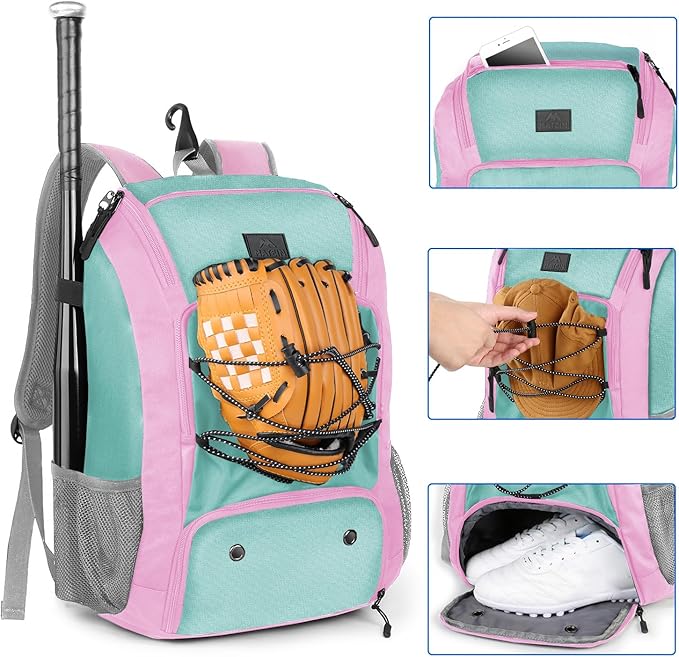 MATEIN Baseball Backpack, Softball Bat Bag with Shoes Compartment for Youth, Boys and Adult, Lightweight Baseball Bag with Fence Hook Hold TBall Bat, Batting Mitten, Helmet, Caps, Teeball Gear