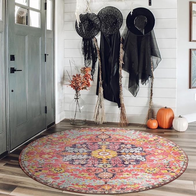 Lahome Bohemian Floral Medallion Round Rug - 4Ft Hot Pink Soft Round Area Rug - Image 3