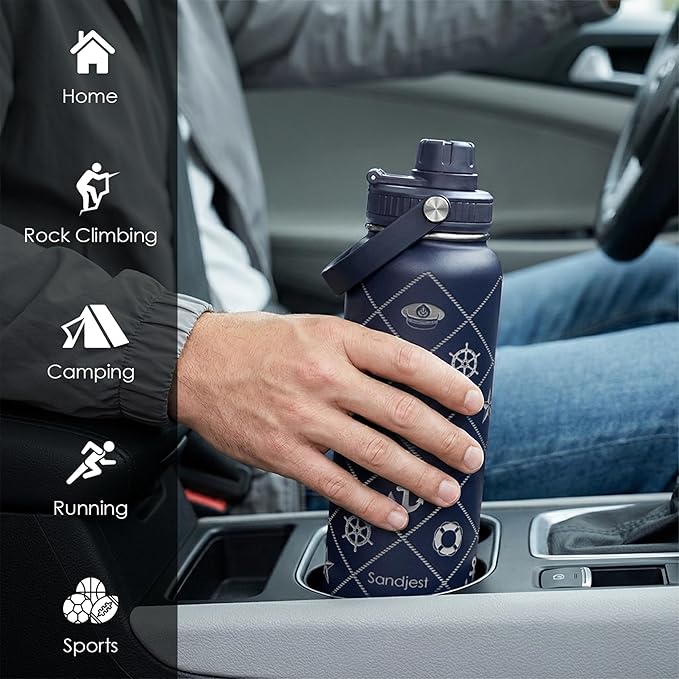SANDJEST Boat Captain Insulated Stainless Steel Water Bottle 32oz, Vacuum Chug Lid Travel Tumbler for Men Friends Dad Brothers, Gift for Birthday Christmas Fathers Day