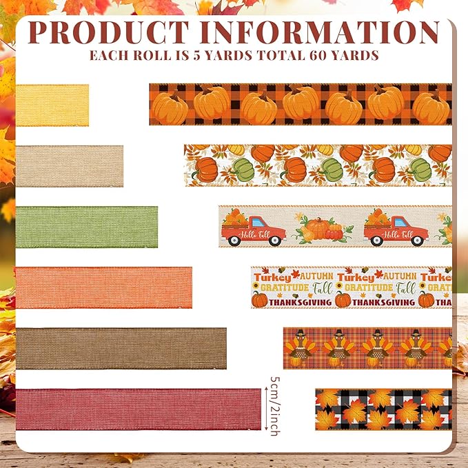 12 Rolls Fall Wired Edge Ribbon - Image 2