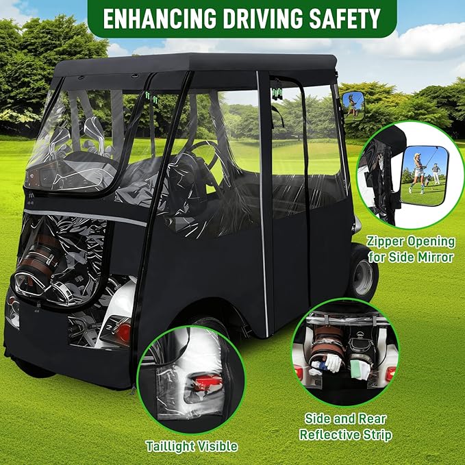 Golf Cart Deluxe Driving Enclosure 2 Passengers Fits EZGO TXT & RXV Golf Cart, Fits Short Roof 40.94" W and 59.05" L, Clear Window with Door Zippers 600D Heavy Duty Drivable Rain Covers