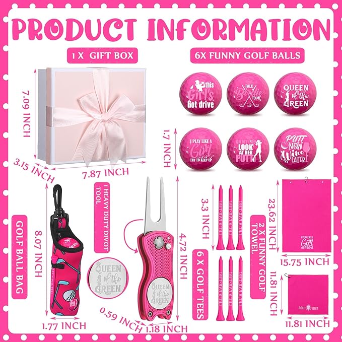 Realspring 18 Pcs Pink Golf Accessories Kit Gift for Women, Include 6 Pink Golf Balls, 6 Tees, 2 Towels, Ball Bag, Divot Tool, Gift Box