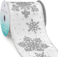 CT CRAFT LLC White Satin with Silver Snowflake Wired Ribbon 4 Inch x 10 Yards by CTCRAFTLLC