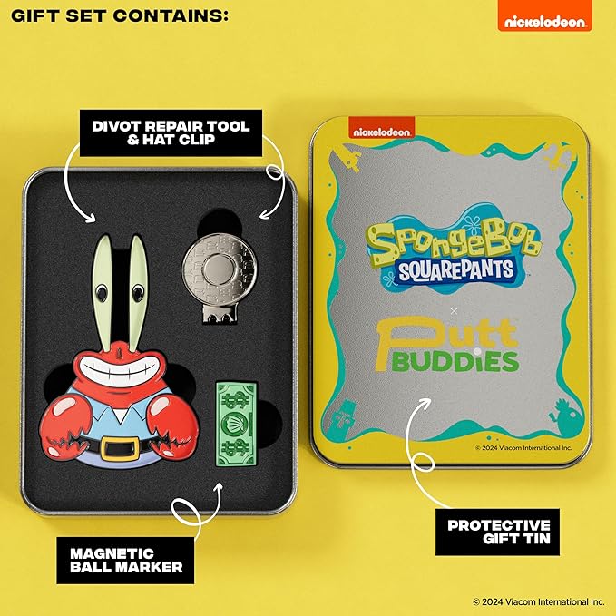 Spongebob Mr. Krabs Divot Tool and Me First Dollar Ball Marker Gift Set with Magnetic Hat Clip and Collectible Protective Tin, Fun Golf Gift Accessories for Fans and Golfers