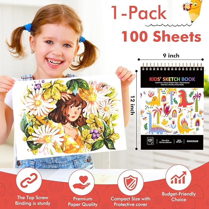 Soucolor 9" x 12" Kids Sketch Book, 100 Sheets Spiral Bound Art Sketchbook - Image 5