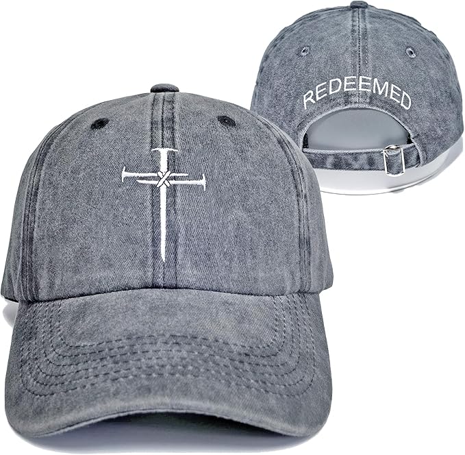 Christian Redeemed Cross Nails Hats for Men Women, Vintage Adjustable Cotton Embroidered Front & Back Baseball Cap