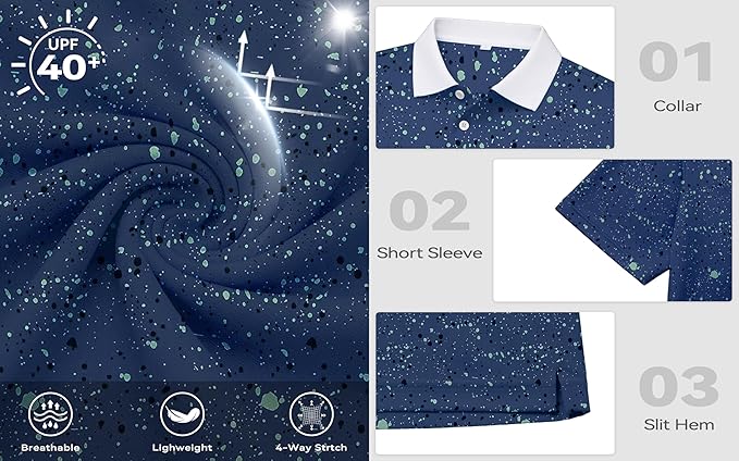 KUYIGO Mens Polo Shirt Quick Dry Moisture Wicking UPF 40+ Performance Printed Short Sleeve Summer Tennis Golf Shirt