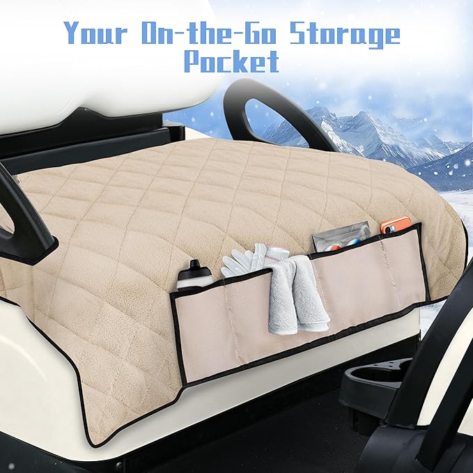 YOKYHOM Golf Cart Seat Covers with 4 Front Pockets, Thick Seat Towel Blanket with Non-Slip Backing, Fits EZGO, Club Car, Yamaha and More 2 & 4 Passenger Golf Carts, Khaki