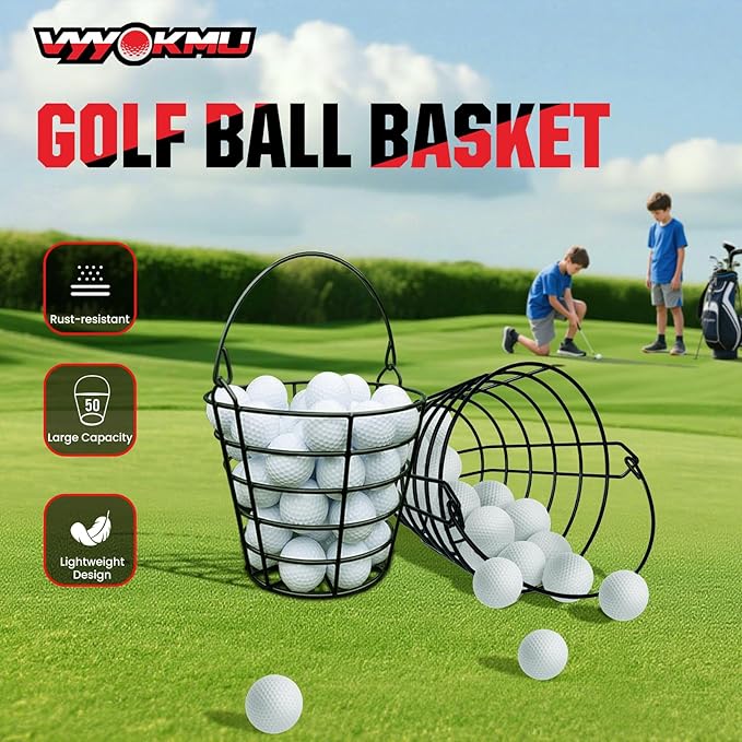 Mental Golf Ball Basket with Handle, 2 Pack Golf Ball Buckets, Stainless Bucket of Golf Balls, Holds 50 Balls of Golf Ball Holder, Portable Metal Baskets for Storage for Golf Cart Accessories