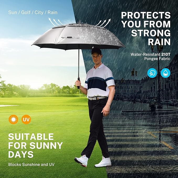 Gonex 54/62/68/72/80 Inch Extra Large Golf Umbrella, Automatic Open Travel Rain Umbrella with Windproof Water Resistant Double Canopy, Oversize Vented Umbrellas for 2-3 Men and UV Protection, Multiple Colors