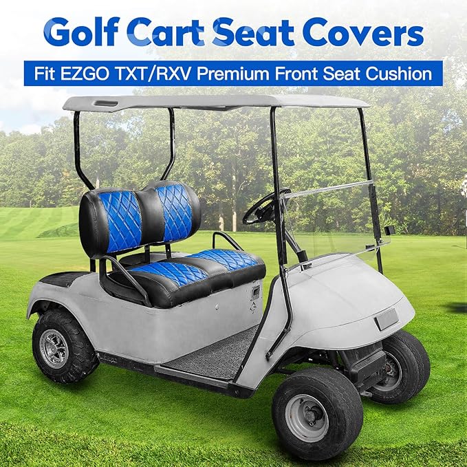 NOKINS Golf Cart Seat Covers Fit EZGO TXT RXV Freedom Liberty Express Premium Front Seat Cushion, Golf Cart Accessories Replacement Premium Front Seat Covers, No Stapler (Blue&Black)