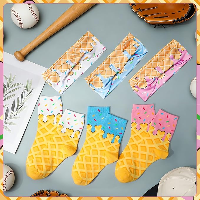 Ice Cream Baseball Headband and Ice Cream Sock Sports Elastic Sweatband Funny Sports Baseball Gifts for Youth Teen Women Men Athletes Football Basketball Running Gym Party Favors