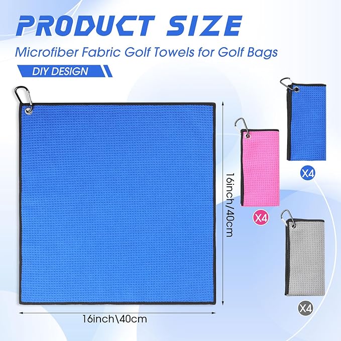 Batiyeer Golf Towel Bulk for Golf Bags 16'' x 16'' Microfiber Fabric Towel with Clip Waffle Pattern, Fitness, Camping, Hiking, Yoga
