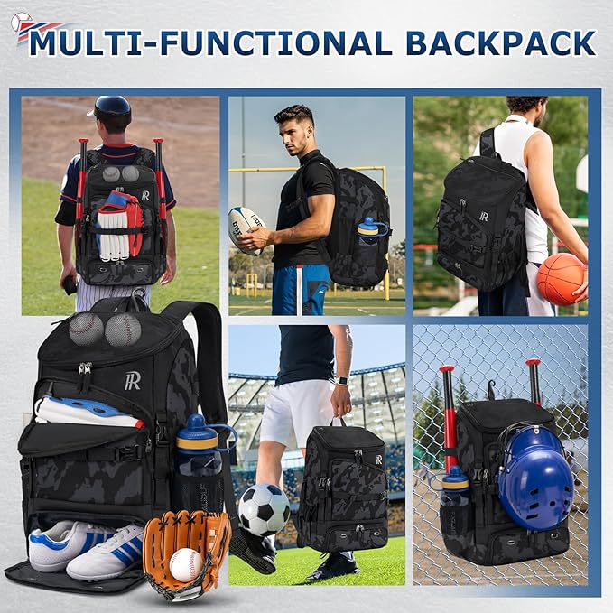 RAINSMORE Baseball Bag for Youth & Adult 40L Large Softball Bag Lightweight Baseball Backpack with Helmet Holder, Shoe Compartment, Fence Hook Waterproof Bat Bag for Baseball Softball Tball Equipment