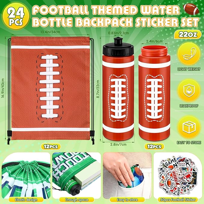 Funnymoom 24 Pcs Football Water Bottle Football Drawstring Bag Set with 50 Sticker Football Party Favors 12 Reusable Sports Squeeze Water Bottle 20oz 12 Football Goodie Gift Bag for Football Team Gift