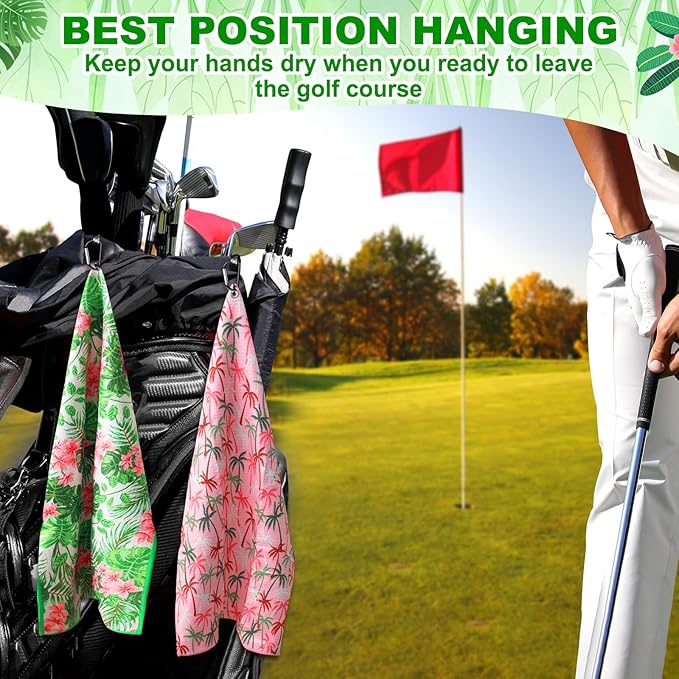 Fanfanwin 9 Pcs Golf Towel Bulk 24 x 16 Inches Microfiber Waffle Towel with Clip Tri Fold Portable Rag Accessories for Golf Bag Mini Tournament Club Yoga Fitness Remove Sand Mud Dirt Sweat(Hawaiian)
