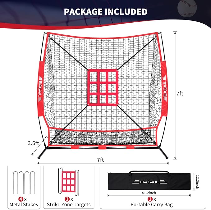 BAGAIL 7x7 ft Baseball & Softball Practice Net with Bow Frame for Batting, Hitting, Pitching, Portable Baseball Throwing Net with Strike Zone, Carry Bag, Baseball Training Aid for All Levels
